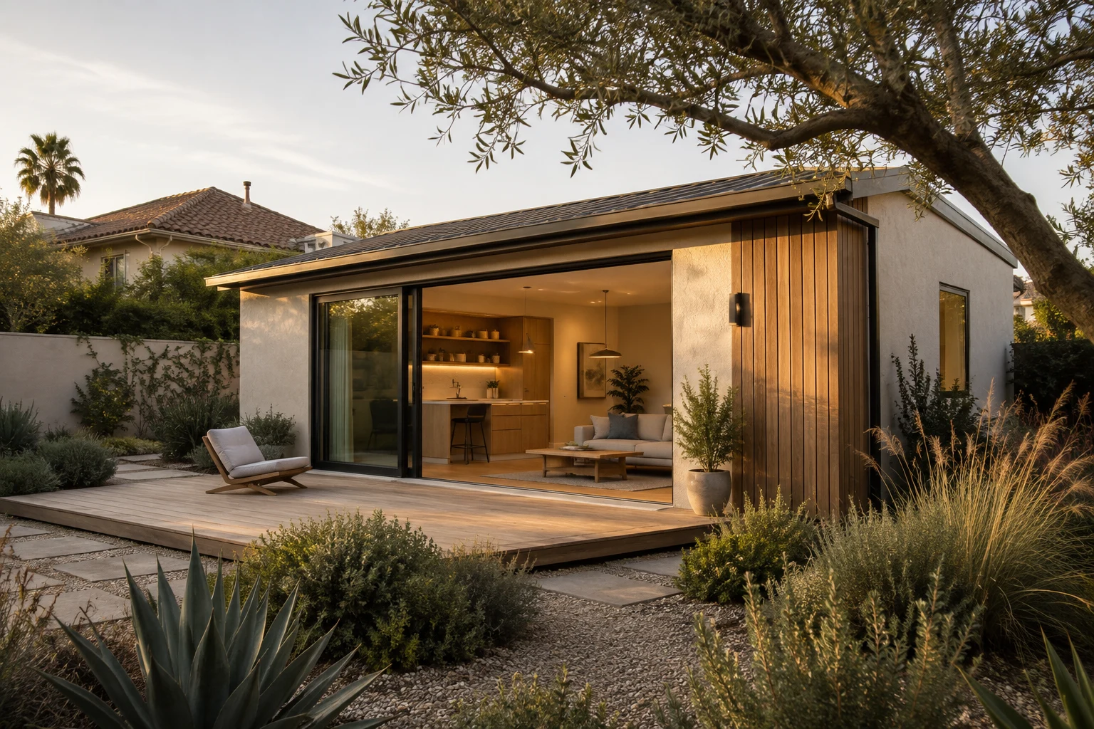 Architectural concept of a warm contemporary backyard ADU with natural wood and garden seating